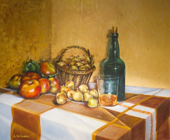 Still life with cider and fruit