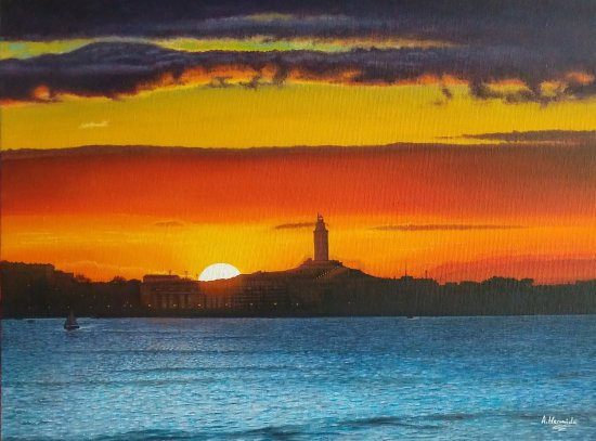 Skyline of A Coruña, dusk. Oil on canvas 40x30 cm.