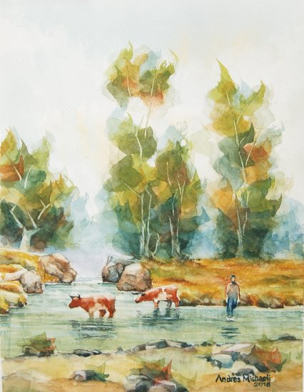 paisaje con animales cruzando rio